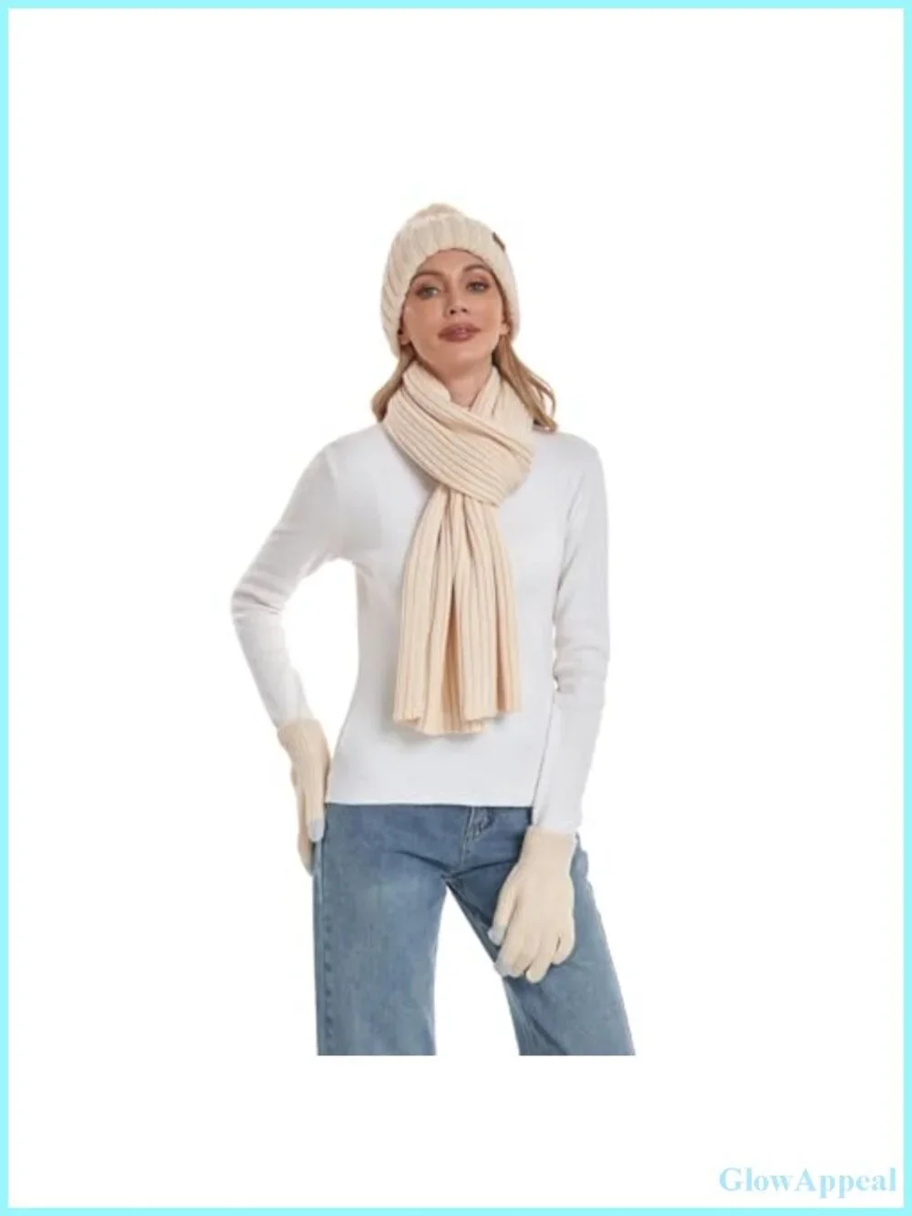 Womens Winter Hat Scarf Gloves Set - Acrylic Beanie with Touchscreen Gloves